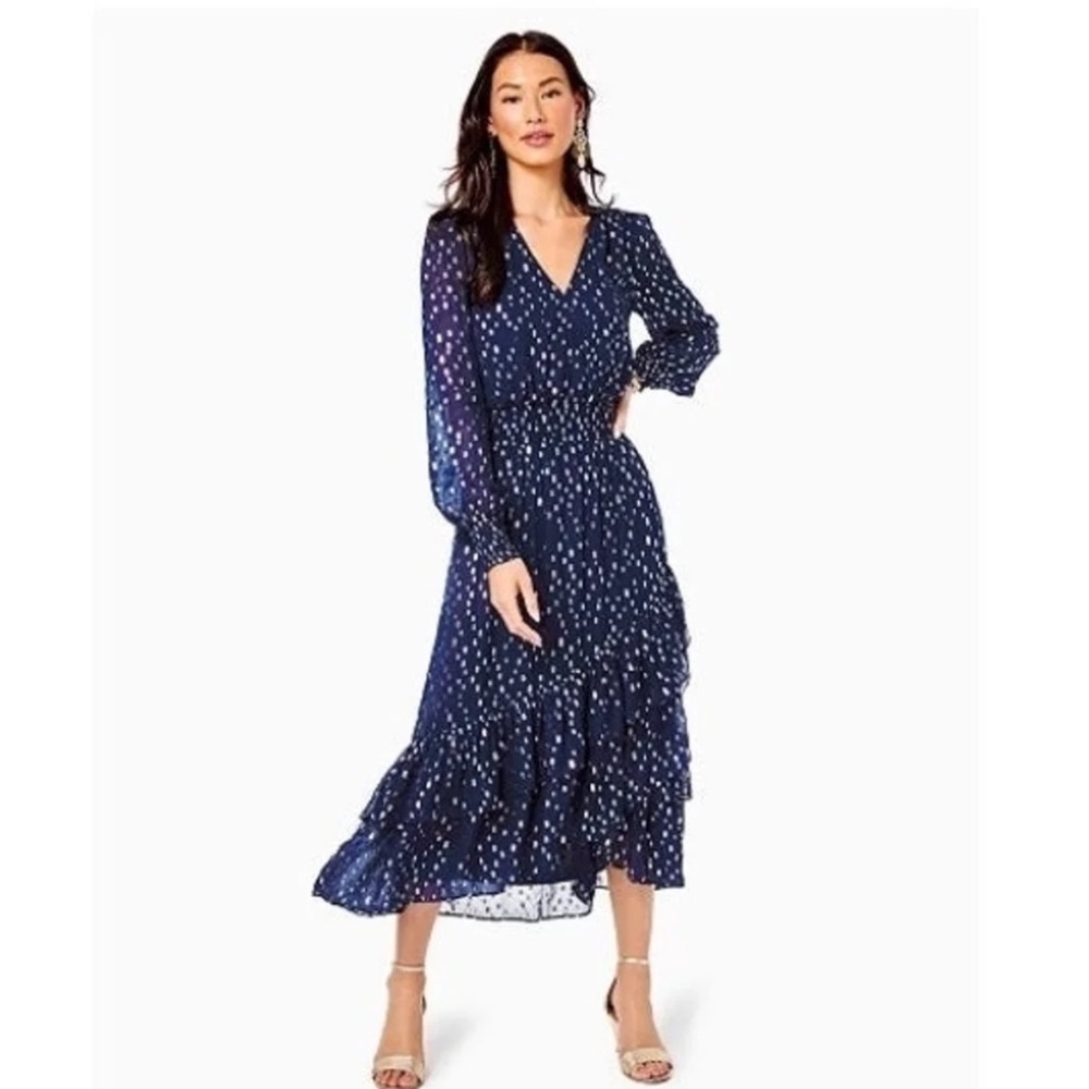 Lily Pulitzer Christiana Midi Navy/Metallic Dress NWT